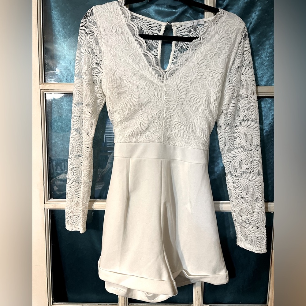 White lace top, dressy shorts romper.